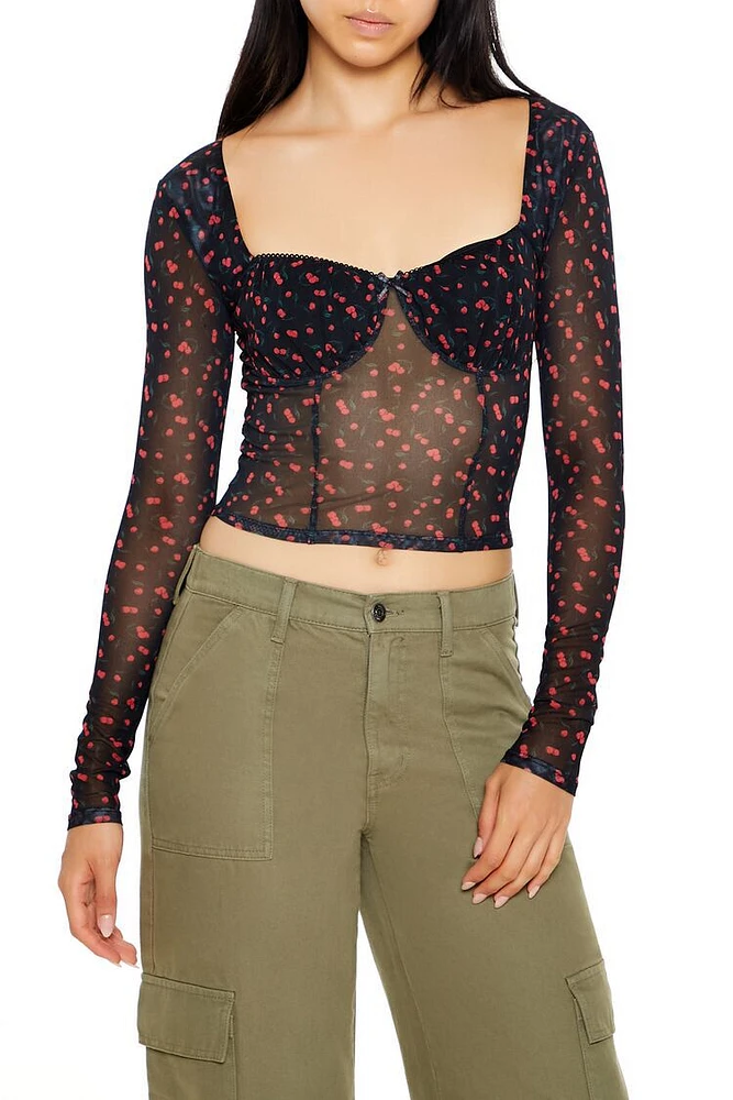 Mesh Cherry Print Crop Top