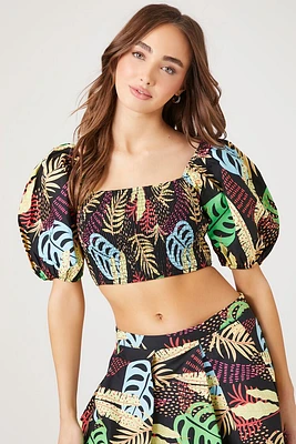 Tropical Print Puff-Sleeve Crop Top