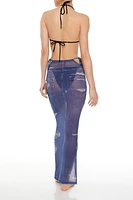 Printed Denim Cutout Maxi Swim Cover-Up Skirt