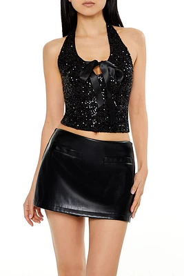 Sequin Cutout Bow Halter Crop Top