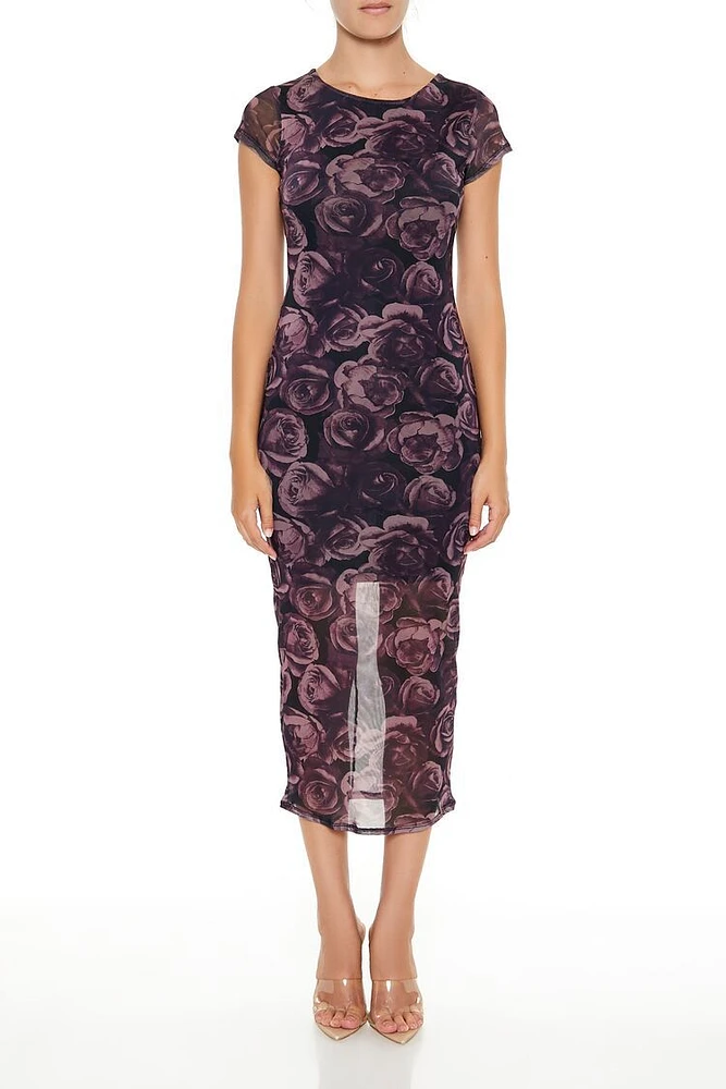 Rose Print Bodycon Midi Dress