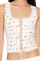 Rose Print Lace-Up Corset Top