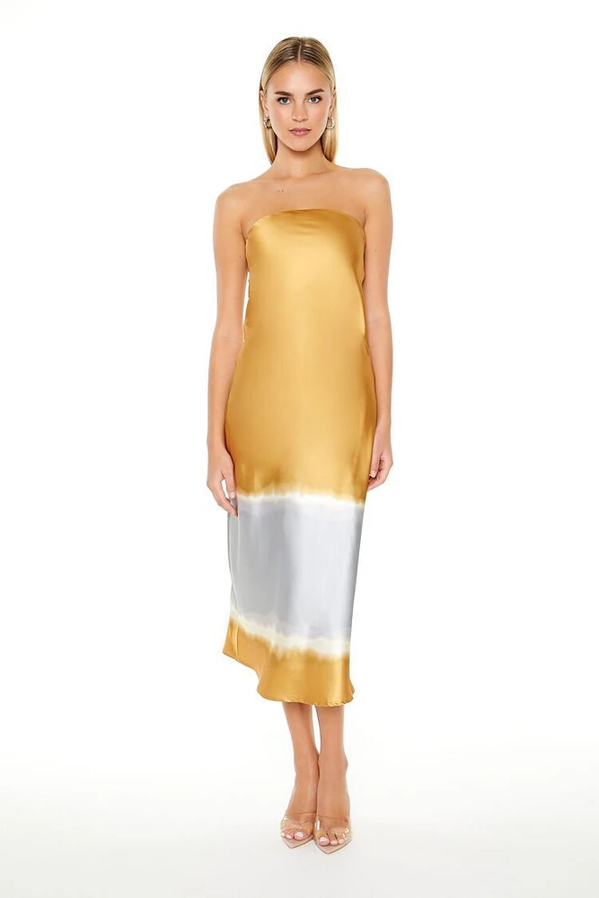 Strapless Satin Dip-Dye Midi Dress