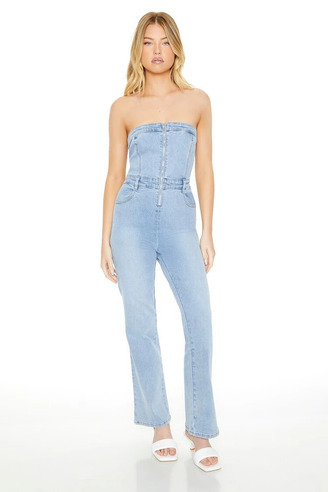 Strapless Zip-Up Denim Jumpsuit