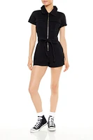 Zip-Up Tie-Waist Denim Romper