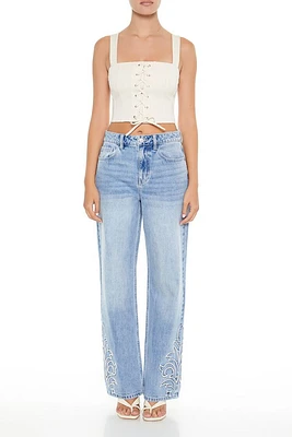 Embroidered Ornate Wide-Leg Jeans