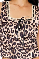 Satin Leopard Print Ribbon Crop Top