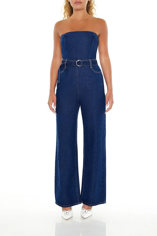 Belted Strapless Denim Jumpsuit