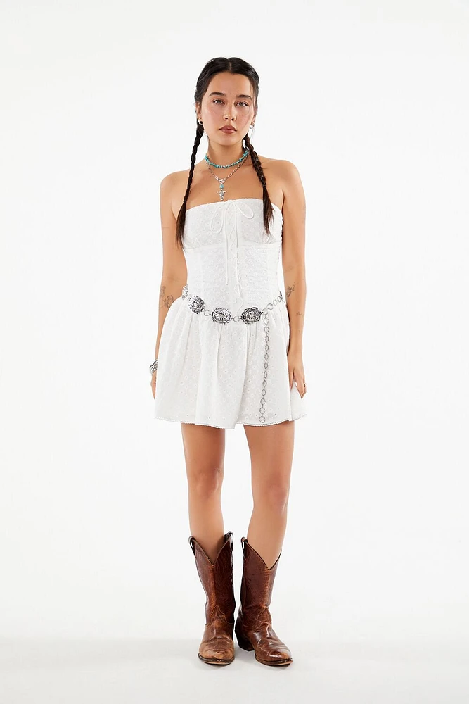 Strapless Lace-Up Eyelet Mini Dress