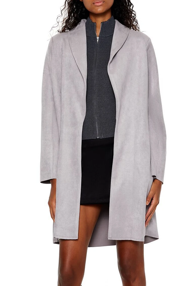 Faux Suede Open-Front Trench Coat