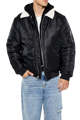 Faux Shearling-Collar Bomber Jacket