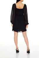 Chiffon Smocked Peasant-Sleeve Mini Dress