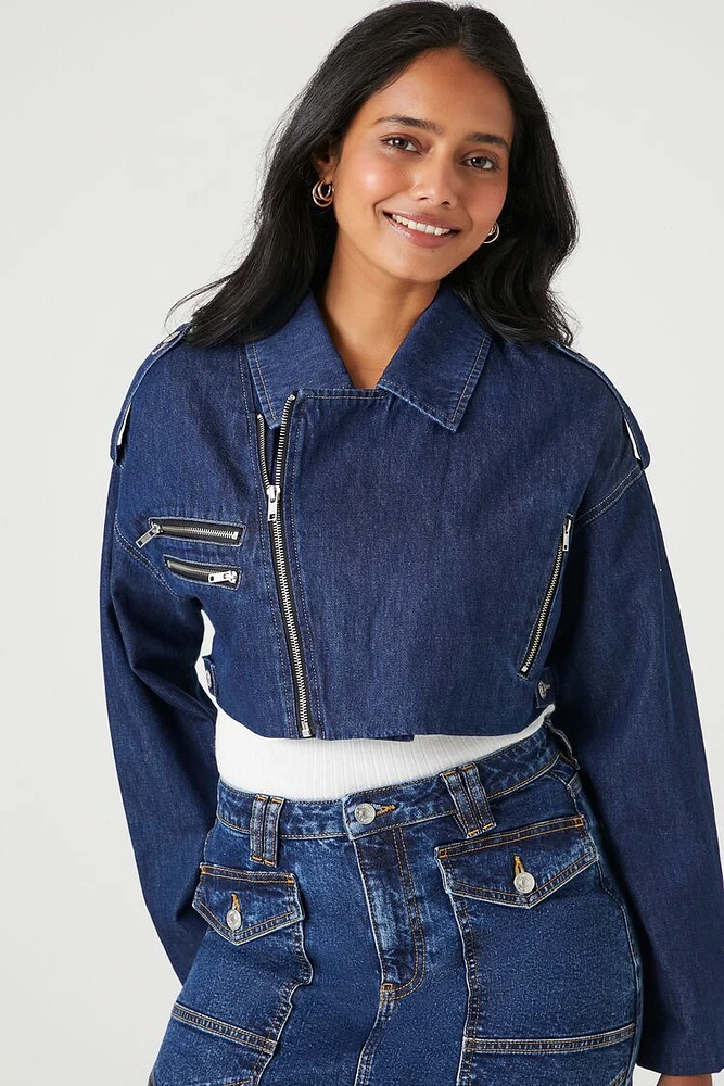 Cropped Denim Zip-Up Moto Jacket