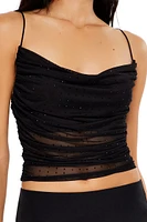 Mesh Rhinestone Cowl Neck Crop Top