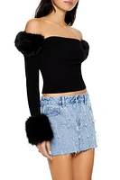 Faux Fur-Trim Sweater-Knit Crop Top