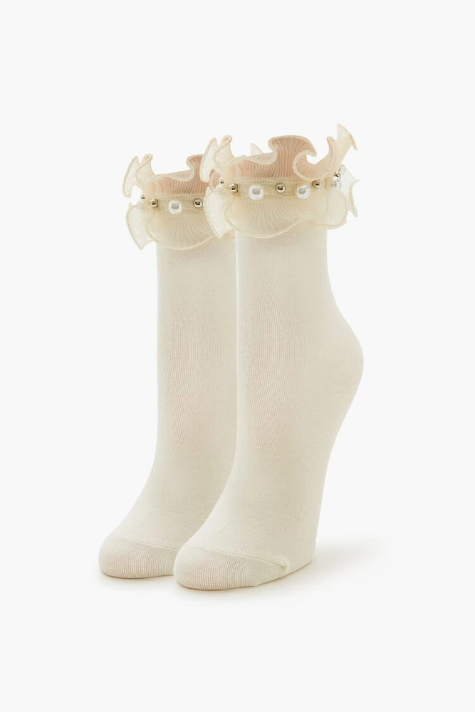 Ruffle Faux Pearl Crew Socks