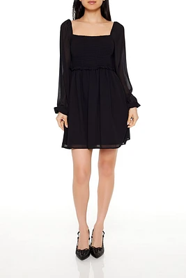 Chiffon Smocked Peasant-Sleeve Mini Dress