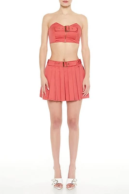 Belted Pleated Twill Mini Skirt