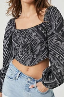 Ornate Print Peasant-Sleeve Crop Top