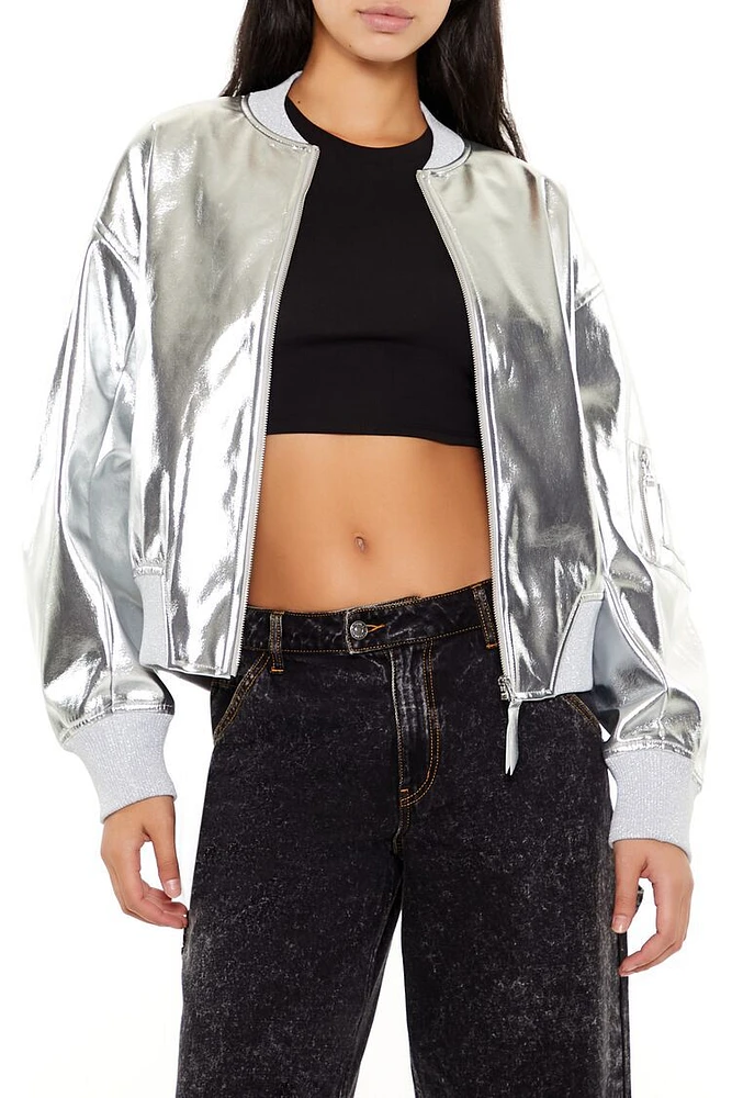 Metallic Zip-Up Bomber Jacket