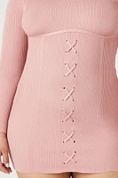 Plus Ribbed Knit Lace-Up Dress