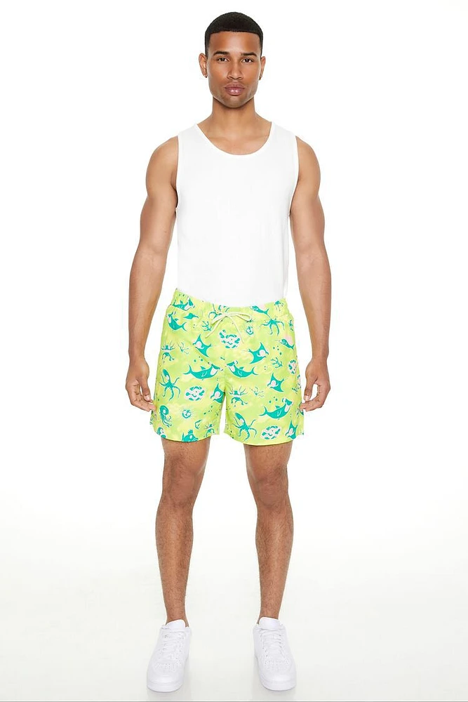 Sea Life Print Swim Trunks