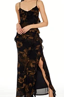 Ruffle Mesh Floral Maxi Dress