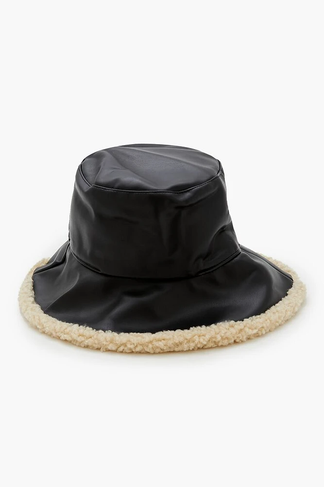 Faux Leather & Shearling Bucket Hat