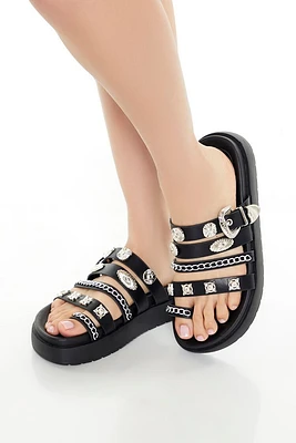 Strappy Buckled Faux Leather Slides