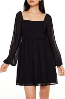 Chiffon Smocked Peasant-Sleeve Mini Dress