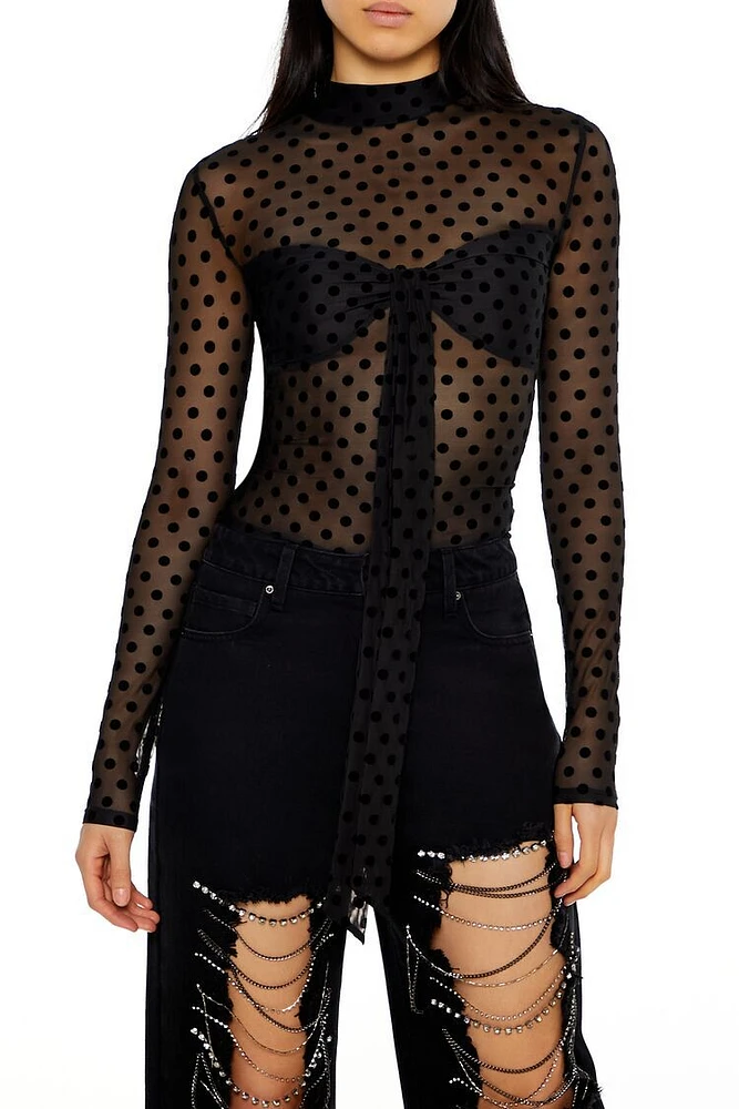 Mesh Polka Dot Mock Neck Top