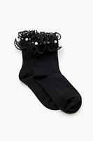 Ruffle Faux Pearl Crew Socks