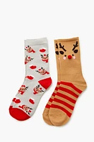 Reindeer Pom Pom Crew Socks - 2 pack