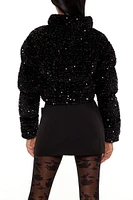 Sequin Faux Fur Puffer Jacket