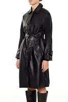 Faux Leather Tie-Waist Trench Coat