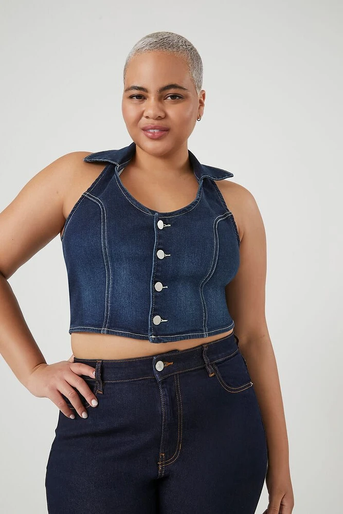 Plus Denim Cropped Halter Top