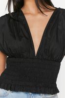 Women's Plunging Smocked Top in Black, XS