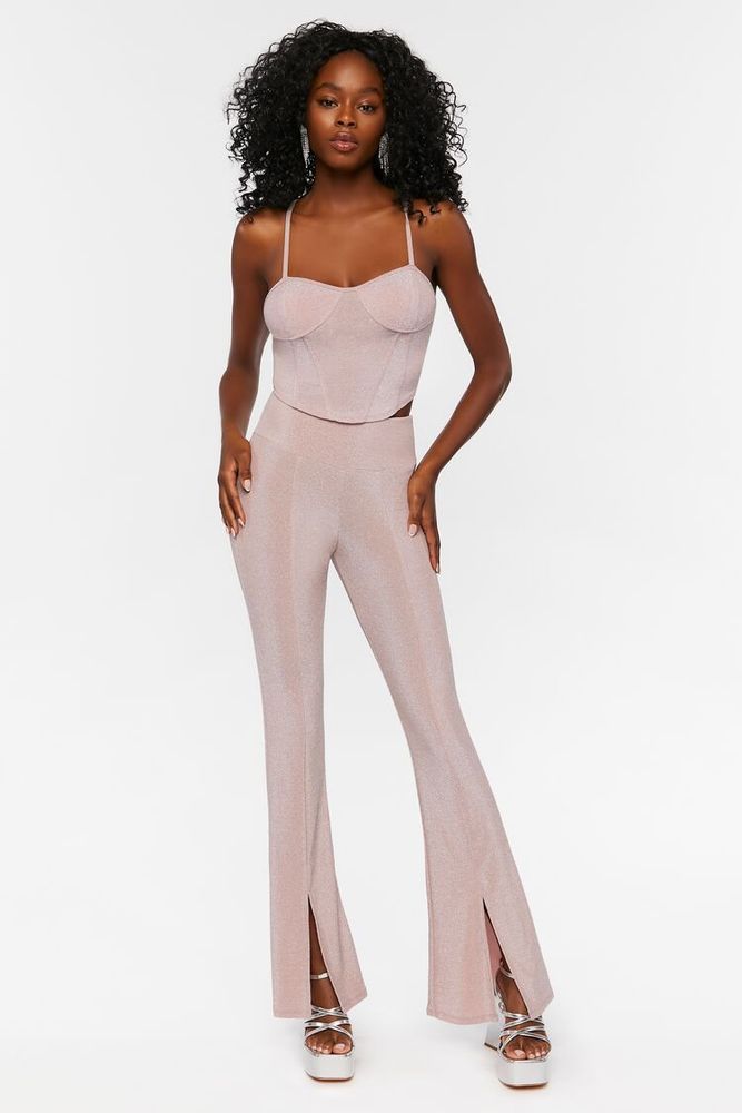 Forever 21 Women's Glitter Split-Hem Pants in Dusty Pink, XL