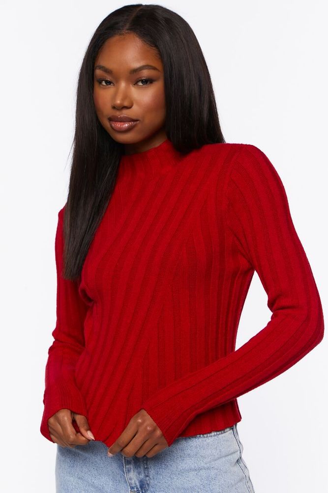 Women's Ribbed Mock Neck Sweater in Red Small