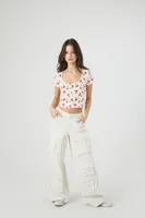 Women's Heart Cherry Print Cropped T-Shirt