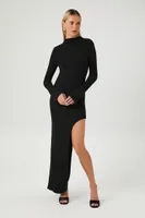 Women's Asymmetrical Turtleneck Maxi Dress in Black Small