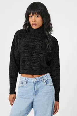 Women's Metallic Turtleneck Cropped Sweater in Black, XL