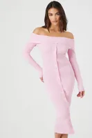 Women's Off-the-Shoulder Midi Sweater Dress in Pink Small