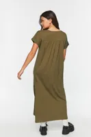 Women's V-Neck Short-Sleeve Maxi Dress in Olive, XS