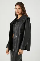 Women's Faux Leather Hooded Jacket in Black Medium