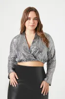 Women's Sequin Surplice Crop Top in Silver, 1X