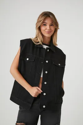 Women's Button-Up Denim Vest in Black Small