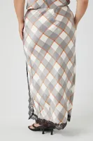 Women's Satin Plaid Print Maxi Skirt in Grey, 3X