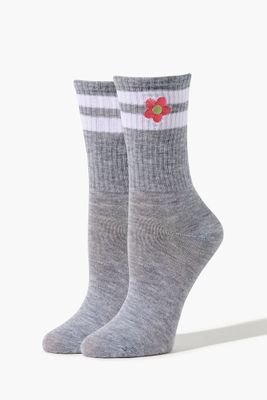 Embroidered Floral Crew Socks in Grey/White