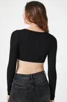 Women's Sweater-Knit Keyhole Crop Top in Black Small